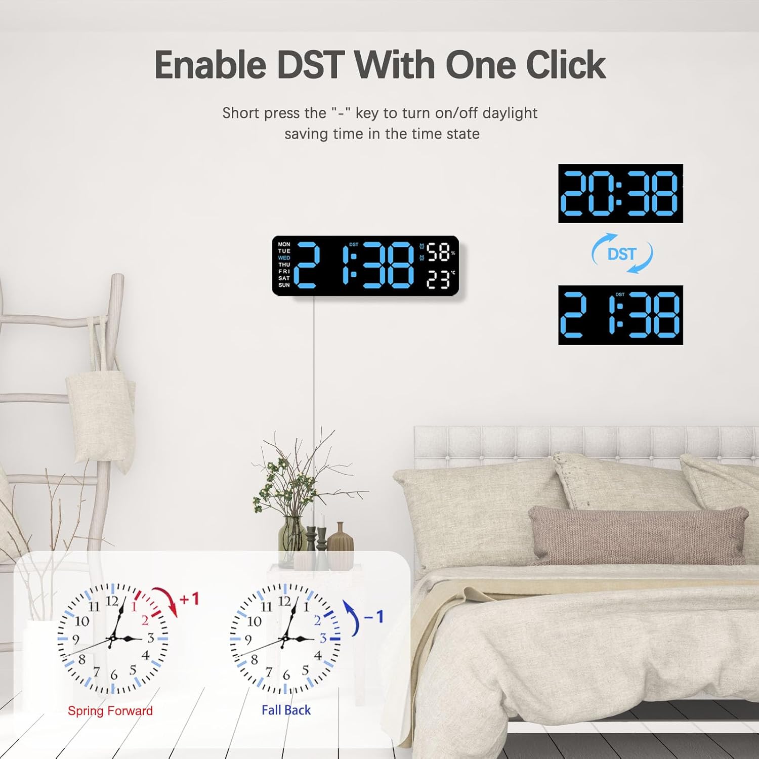 LED Digital Wall Clock, Large Display Digital Clock with LED Technology, Countdown Dimmer, DST Date, Week Temperature, Large Display Home Decor Blue(White Shell)