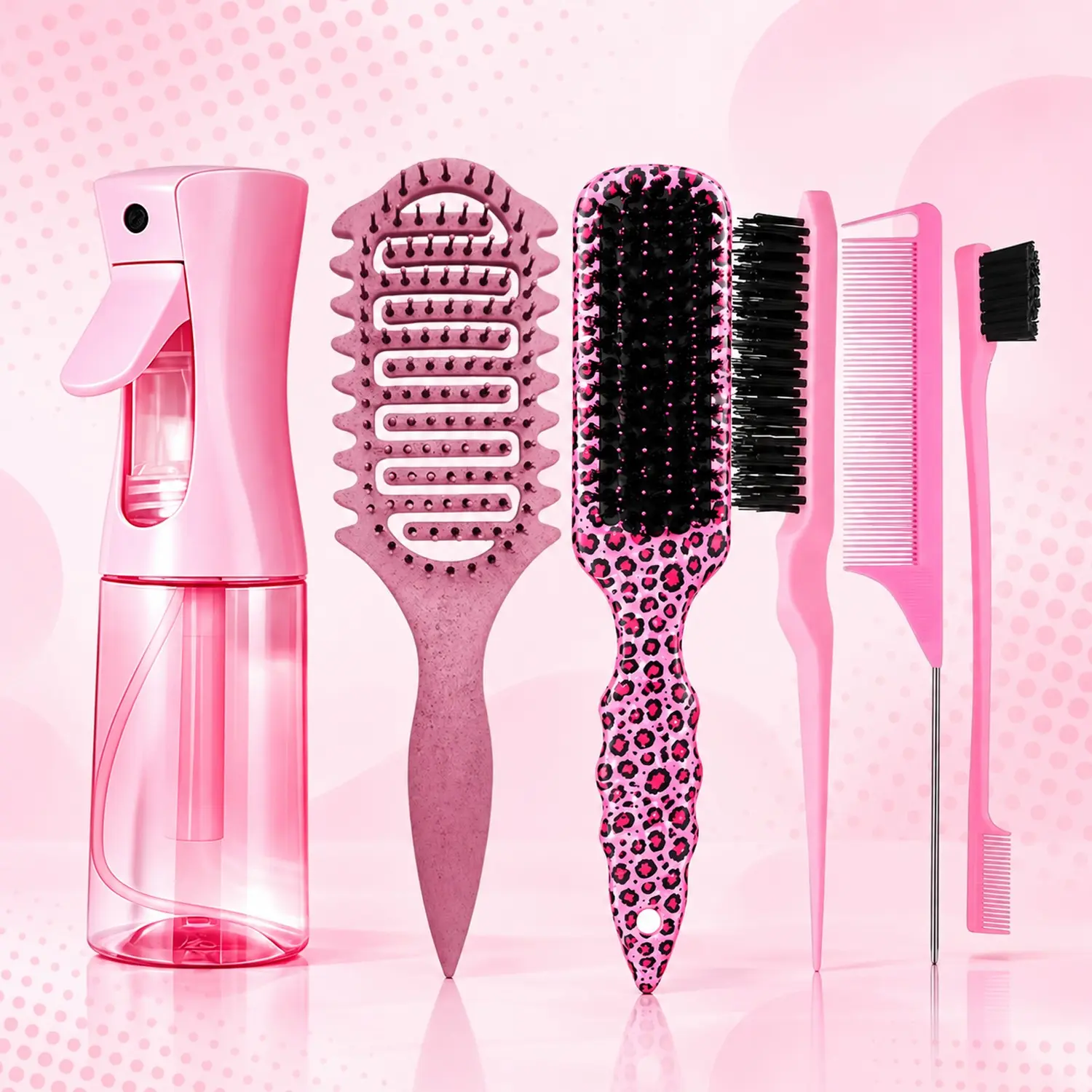 6PCS Complete Hair Styling Set with Curl Defining Brush, Fine Mist Spray Bottle, Leopard Paddle Brush, Smoothing Brush, Rat Tail Comb & Edge Brush for Detangling, Curl Definition, Sleek Styles, Parting & Everyday Hair Care