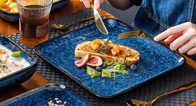 vancasso Stern Blue/Green Dinner Set Square Reactive Glaze Tableware 12/16 Pieces Kitchen Dinnerware Stoneware Crockery Set with Dinner Plate, Dessert Plate, Bowl Service for 4 People Ceramics