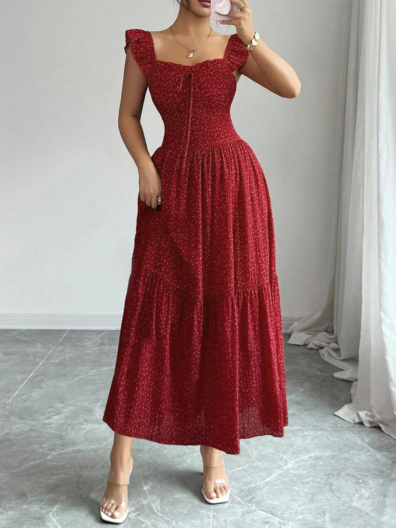 1 Piece Spring & Summer Ruffled Square Neck Polka Dot Maxi Dress , Back Tie Design Retro Sweet Style for Date Nights and Vacation,Waist-Cinching Slimming Romantic Girl Style for Parties and Daily Outings, Casual Wear