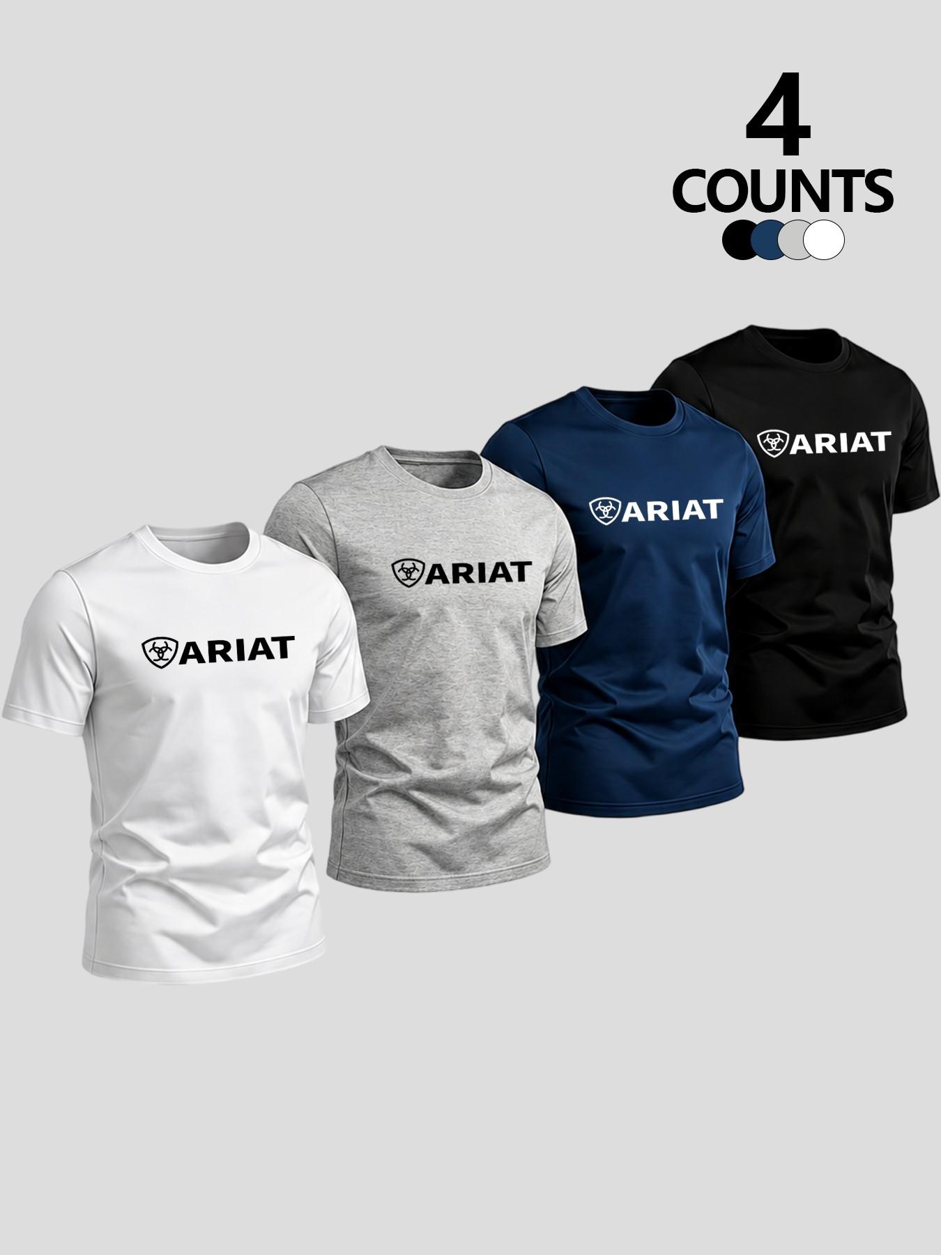 Summer Letter Print Short Sleeve Round Sports T-Shirt 4-Pack, Western Cowboy Style, Breathable Durable, Casual Outdoor Farm Workwear, Multicolor