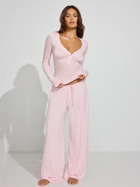 Women's Casual Long Sleeve Button Front Top & Drawstring Wide Leg Pants Set, Spring Summer Comfortable Daily Wear, Basic Style