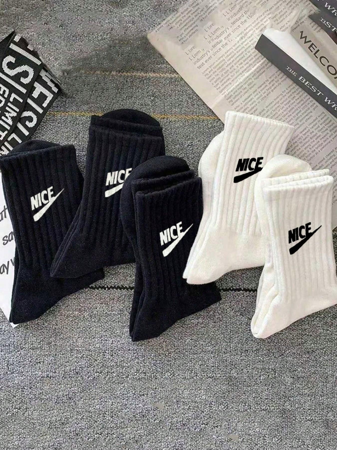 5 Pairs Letter Pattern Unisex Mid-Calf Casual Sports Socks, Sporty Fitted All Seasons, Plain Design
