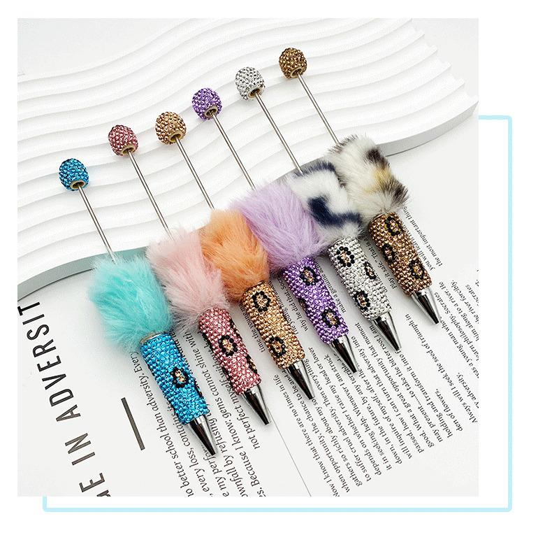 5PCS Leopard Print Full Diamond Fur Ball Bead Pen Creative DIY Beadable Cute Dot Pen Handmade Leopard Fur Heavy Metal Round Tip Pen