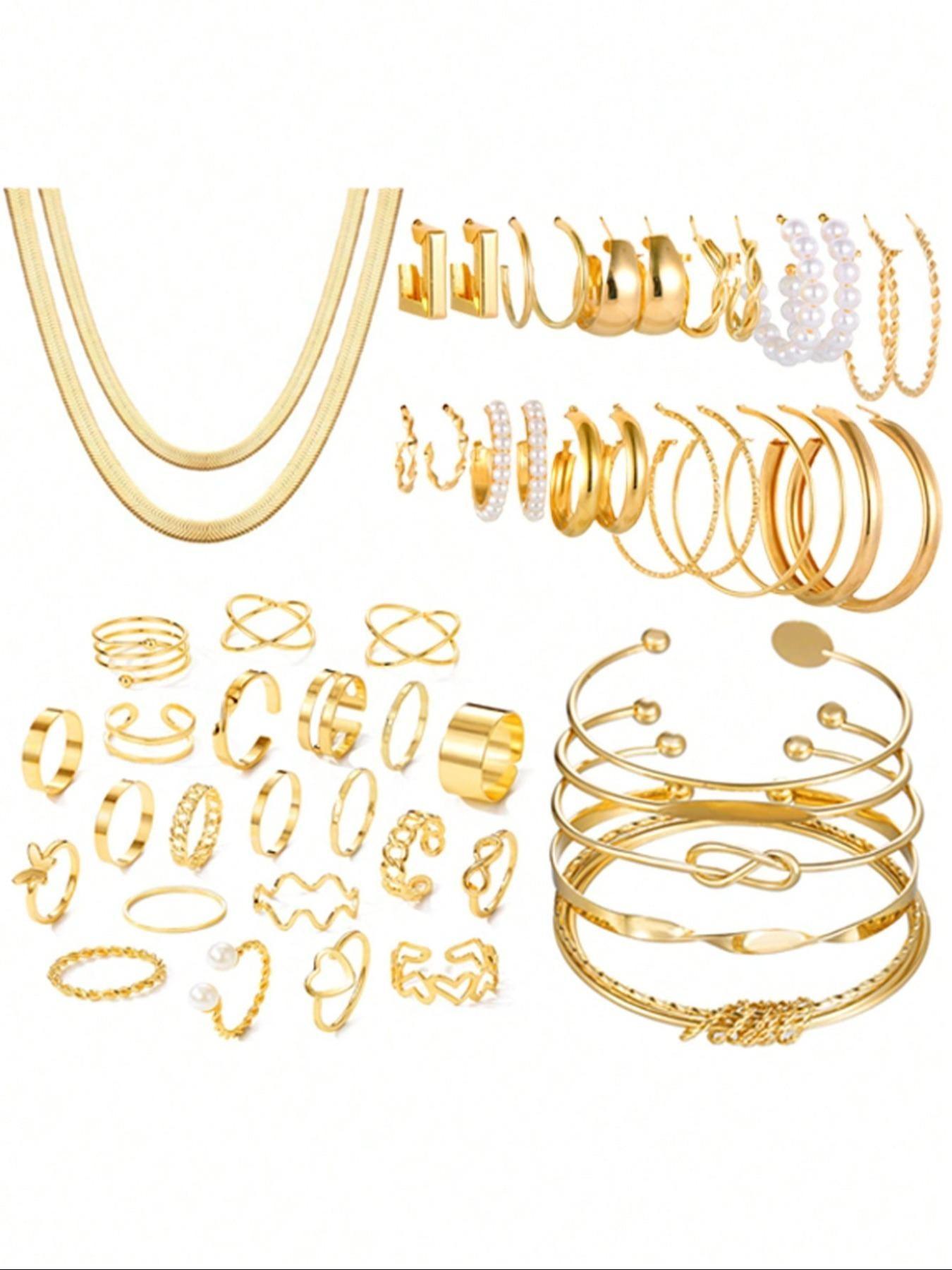 35/42/62/68/86 Pieces Elegant Vintage Fashion Matching Jewelry Set, Featuring Layered Y-Shaped Necklace, Earrings, Rings, Bracelets, Unique Floral & Geometric Designs for Everyday & Party Wear