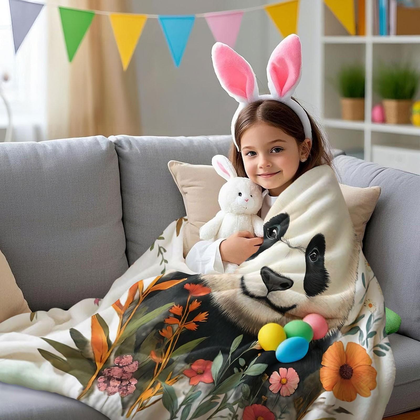 Boho Watercolor Panda Wildflower Flannel Blanket, Aesthetic Floral Animal Print Throw Blanket, Ultra Soft Cozy Warm Blanket, Stylish Gift Blanket for Panda Lovers, Couch, Bed & Home Decor