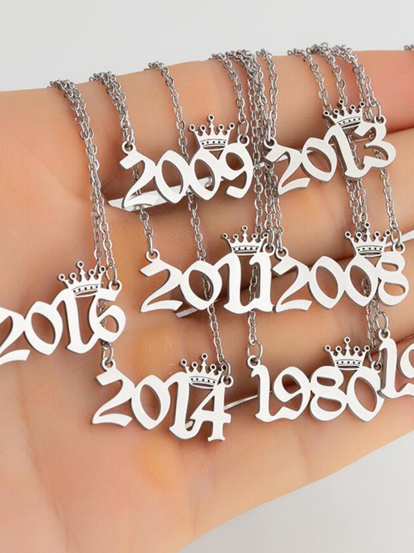 1980-2025 Birth Year Necklace with Crown for Women and Men, Silver Tone Number Pendant Necklace, Personalized Style Year Jewelry for Birthday, Anniversary, Graduation, Y2K Outfit and Meaningful Gift for Friends Family