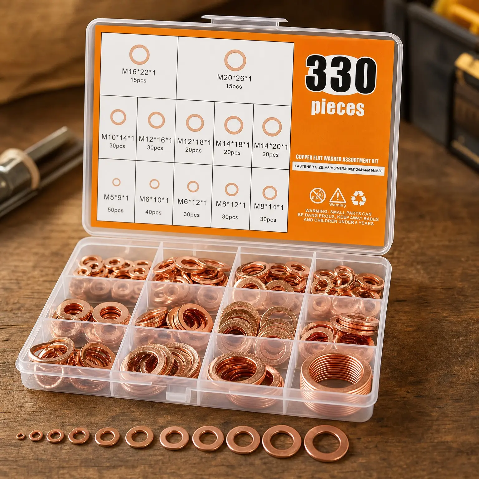 330 Pcs Copper Crush Washers Assortment Kit - 12 Sizes Flat Sealing Washers (M5-M20) for Automotive, Plumbing, and Mechanical UseGift