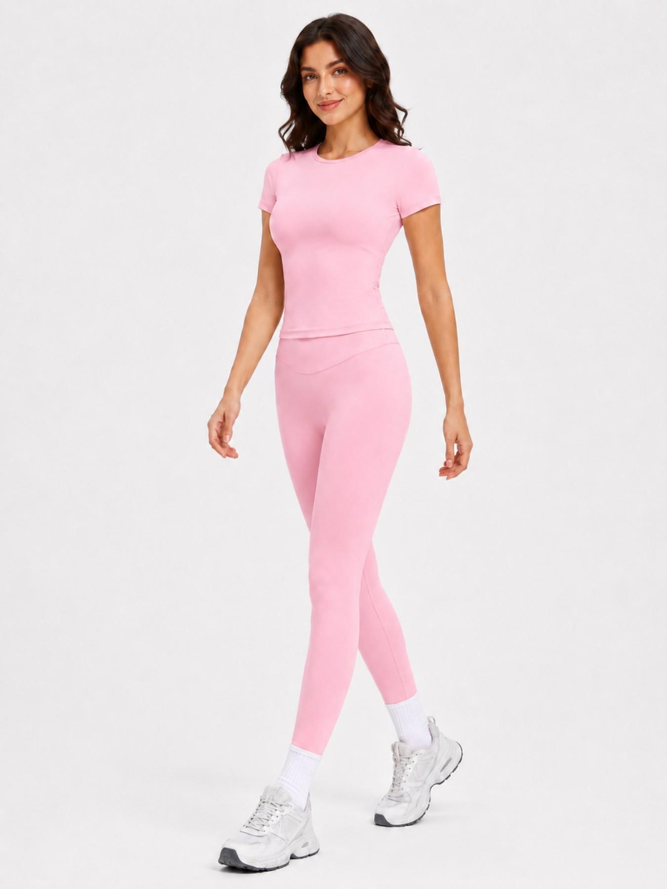 Women's 2-Piece Athletic Workout Set, Short-Sleeve Round-Neck Slim-Fit Crop Tee & High-Rise V-Front Yoga Leggings, Casual Running Gym Activewear Yoga Sportswear Set for Daily Wear