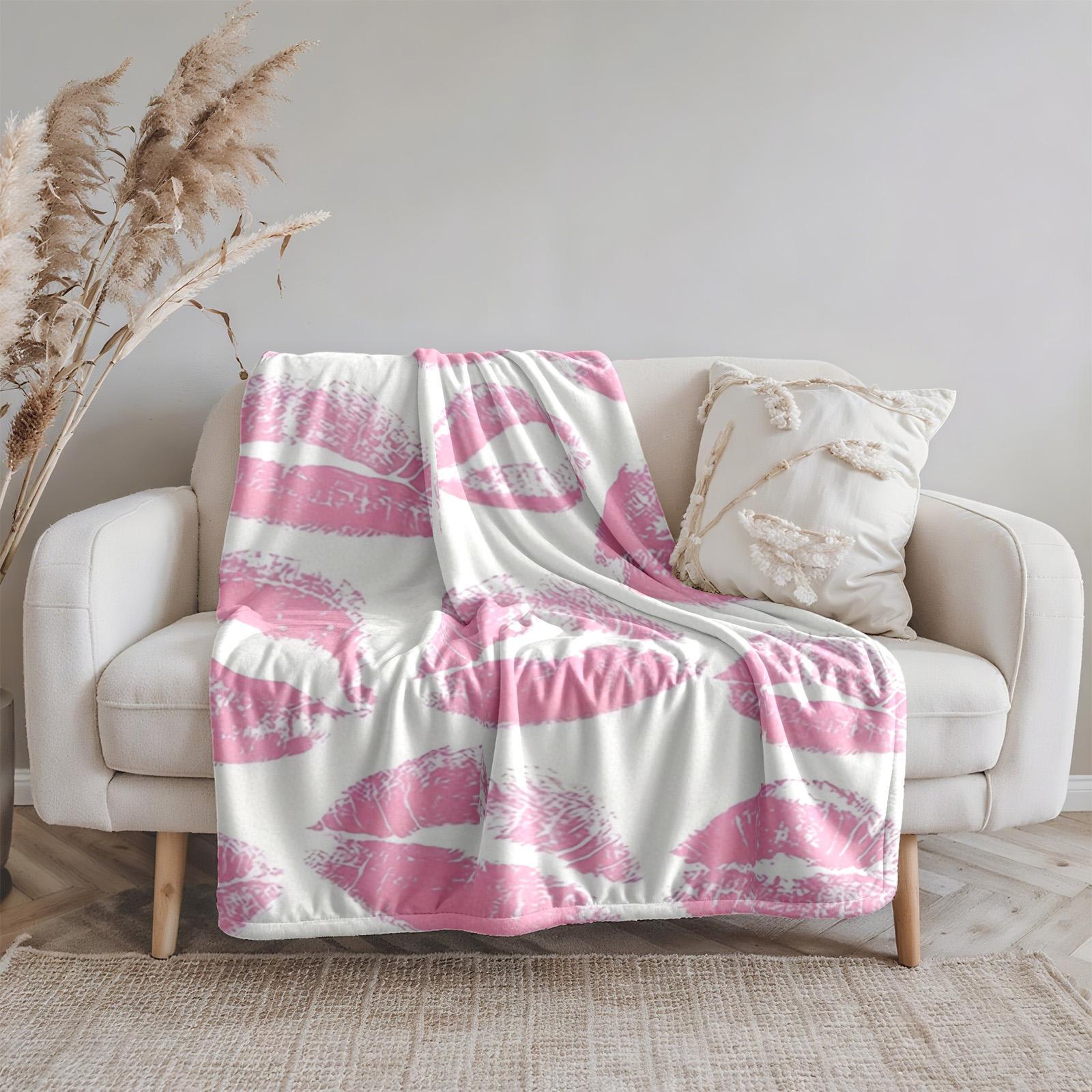 1 piece Pink lipstick mark texture background. themed flannel blanket - Modern-style all-season flannel blanket, soft and comfortable, suitable for sofas and beds, digital print design, 100% polyester material, machine washable, ideal for home