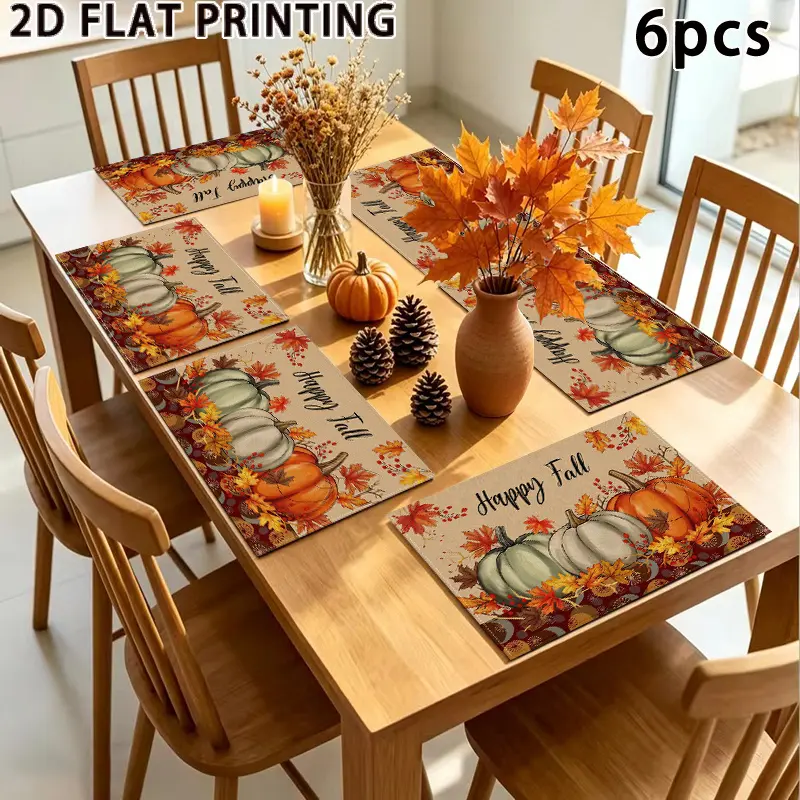 6Pcs Happy Fall Pumpkin Placemats 12x18", Maple Leaves Print Washable Polyester Table Mats, Autumn Thanksgiving Holiday Kitchen Dining Room Decor