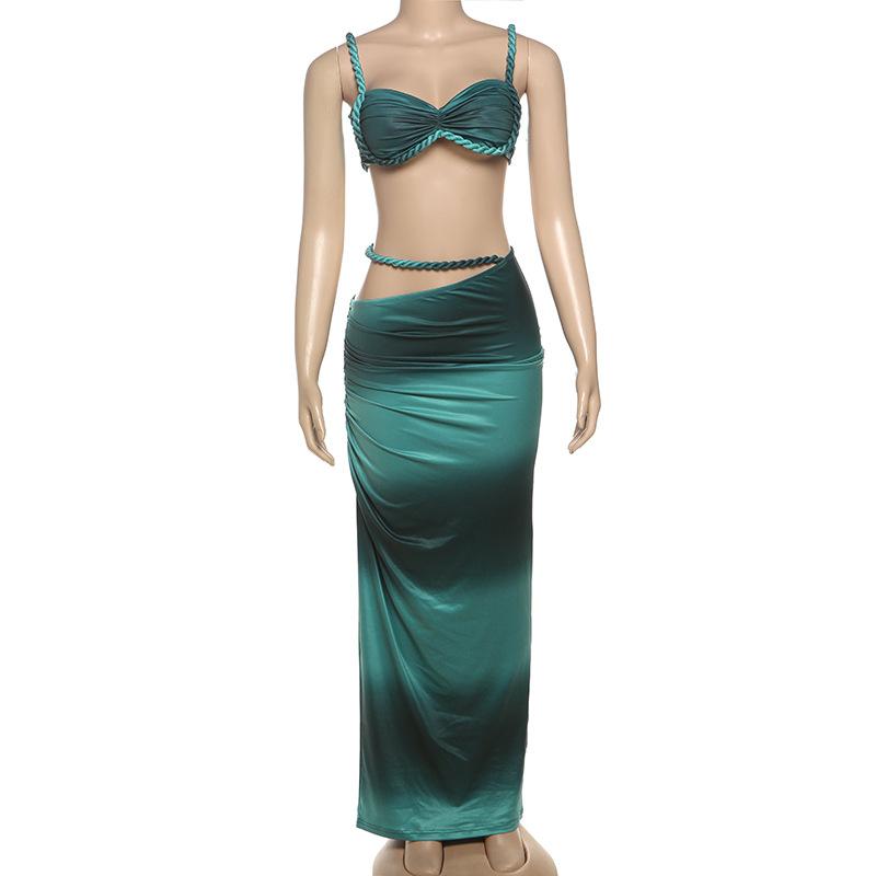 DOUCIU Multicolor Summer Beach Vacation Cool Light Sexy Hot Thin Women's Twisted Spaghetti Strap Vest Skirt Two-Piece Set, Lady Clothes, Plain Skirt Set