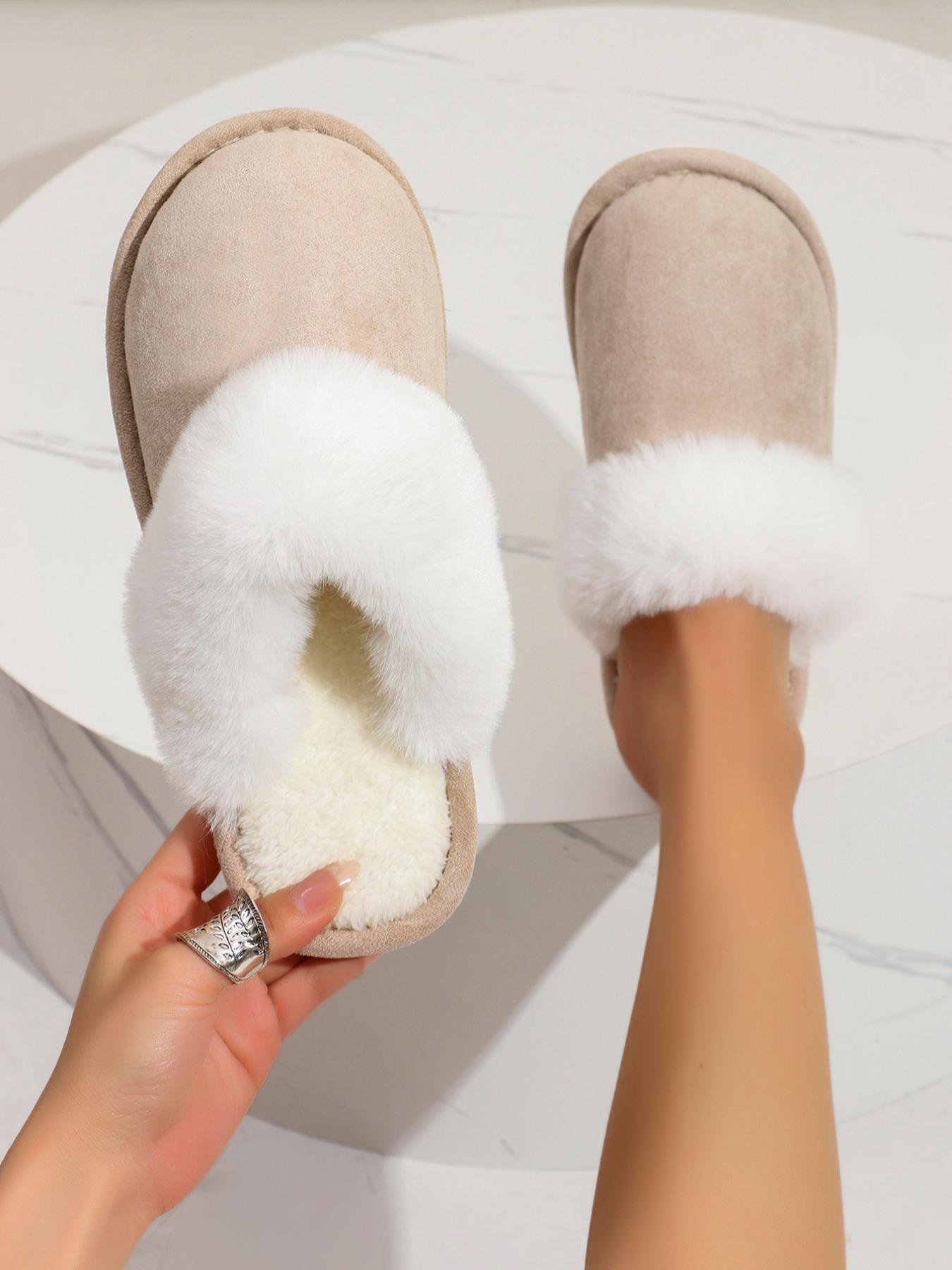 Women's Contrast Faux Fur Design Plush Slippers, Casual Soft Comfortable Home Slippers, Warm Slippers for Indoor & Outdoor Use for Fall & Winter