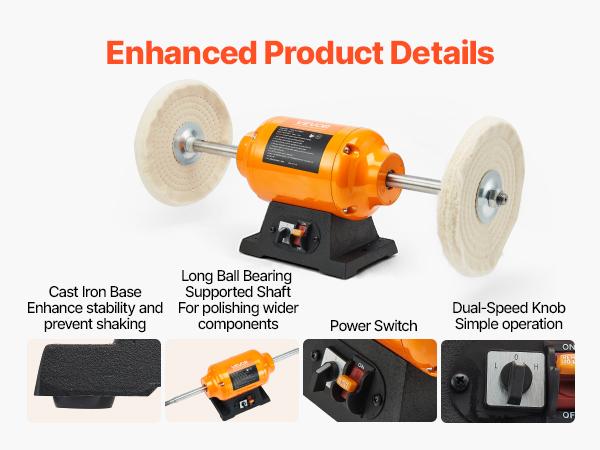 VEVOR 1/2HP Bench Buffer Polisher, 8-inch Bench Polishing Buffing Machine, 1725RPM/3450RPM Dual Speed Benchtop Polisher with 2PCS Cotton Wheels Cast Iron Base for Metal, Jewelry, Wood Polishing
