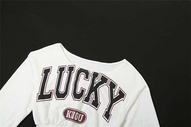 DOUCIU  Trendy Personality High Street Cool Hip-Hop Casual Streetwear Versatile Womenswear Women'S Letter Printing Cross-Shoulder Long Sleeves Short Crop-top T-Shirt