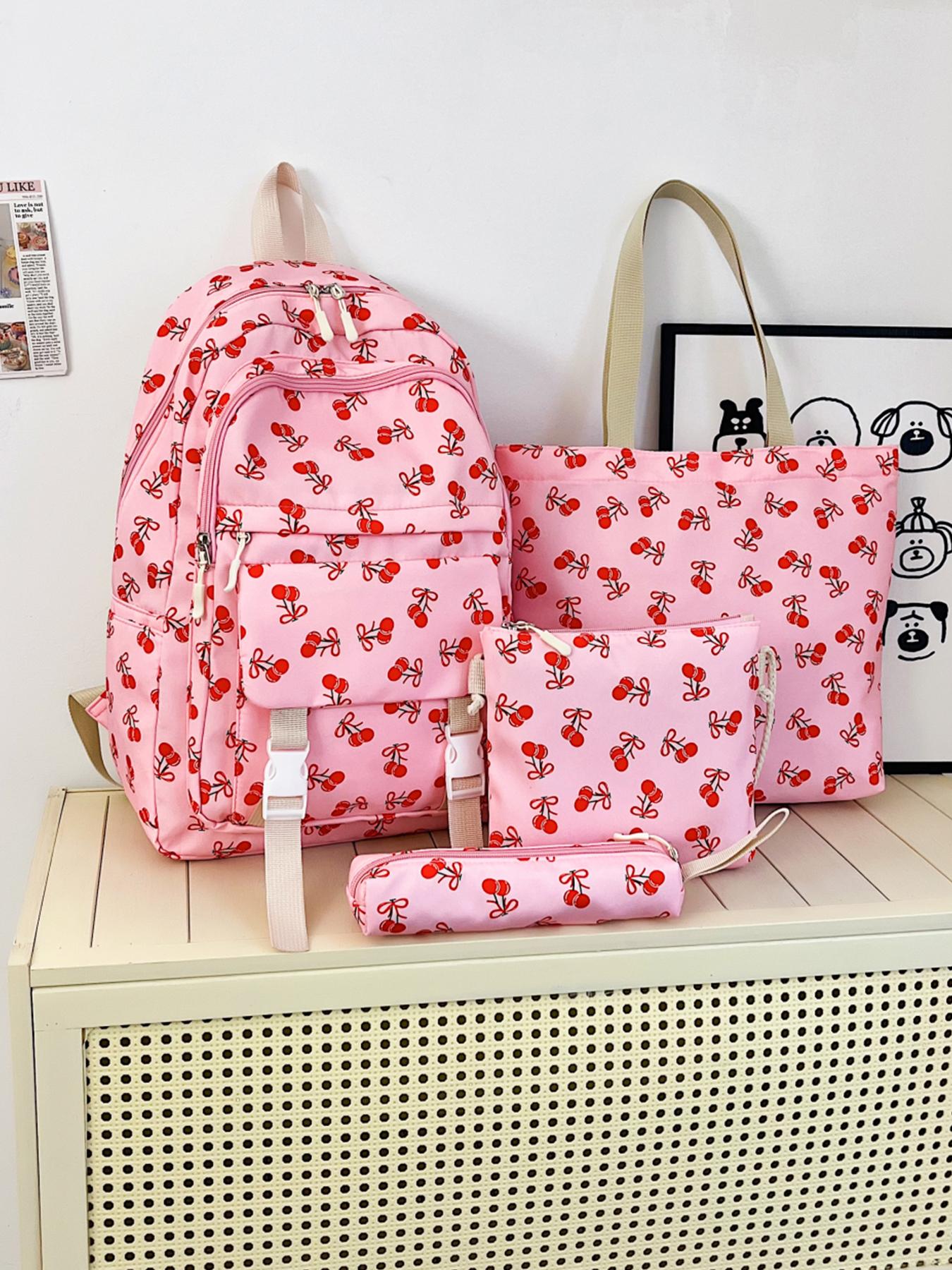 4pc  women's backpack solid color backpack cherry print fashionable and versatile casual trend suitable for students to go to school, campus, travel, shopping, multi-purpose women's backpack Stylish Casual Daypack