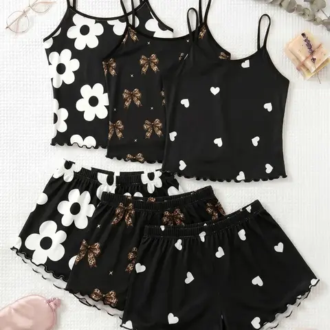 3-Piece Spaghetti Strap Pajama Set, Heart Print Sleeveless Shorts, Sweet Cool Girl Style, Versatile, Breathable Home Sleepwear, Slim-Fitting, All Seasons, Loungewear