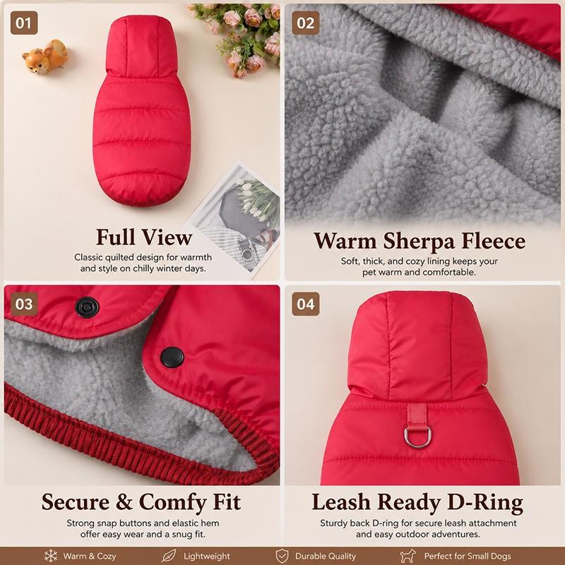 Warm Hooded Pet Coat for Dogs and Cats, Fall Winter Outdoor Jacket, Easy-On Design,  Harness Loop, Comfortable Fit, Multiple Colors