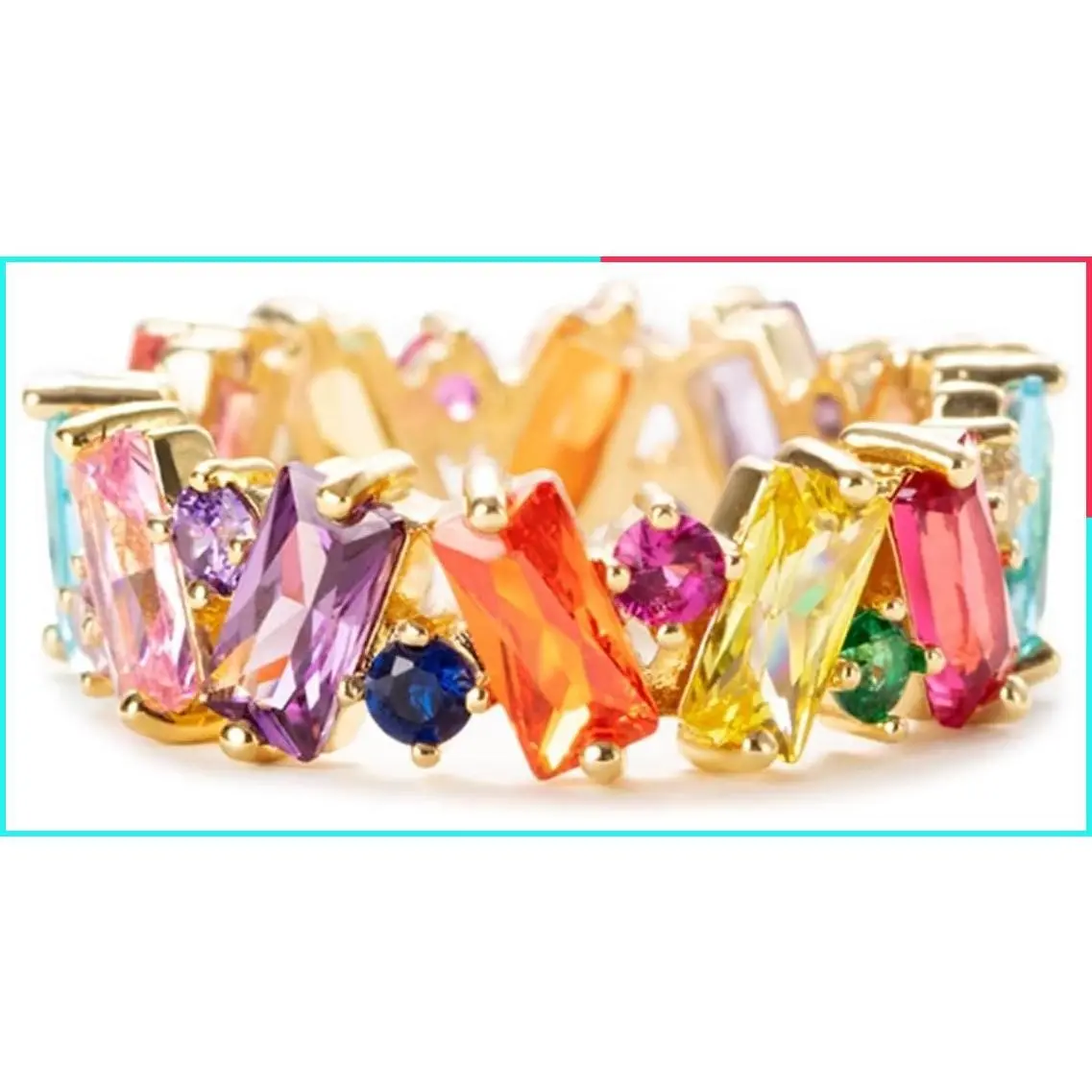 Women's Rainbow Eternity Band Ring with Emerald Cut Cubic Zirconia Baguettes - Colorful Cocktail Wedding Ring Jewelry Gift