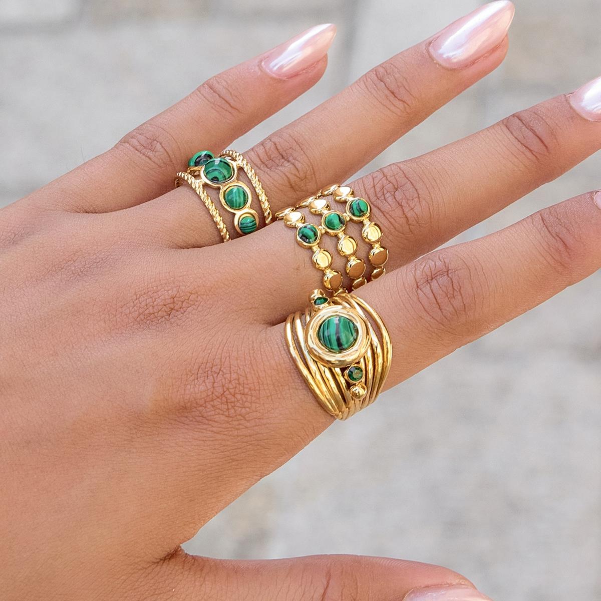 This Lady s Ring Set Can Be Stacked With Malachite Featuring Multiple Layers Of Hollowed Out Openings Adjustable Stainless Steel 18k Gold Plating Water Resistance Allergy Resistance And Retro Quality For Banquet Jewelry