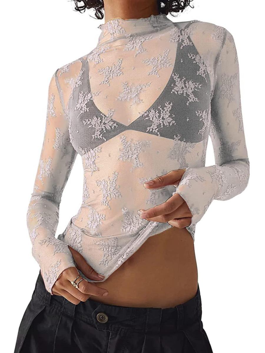 Women's Floral Layering Lace Tops With Thumb Hole, Mesh See Through Slim Shirt All Seasons, Micro Elasticity Long Sleeve Mock Neck Sxy Style