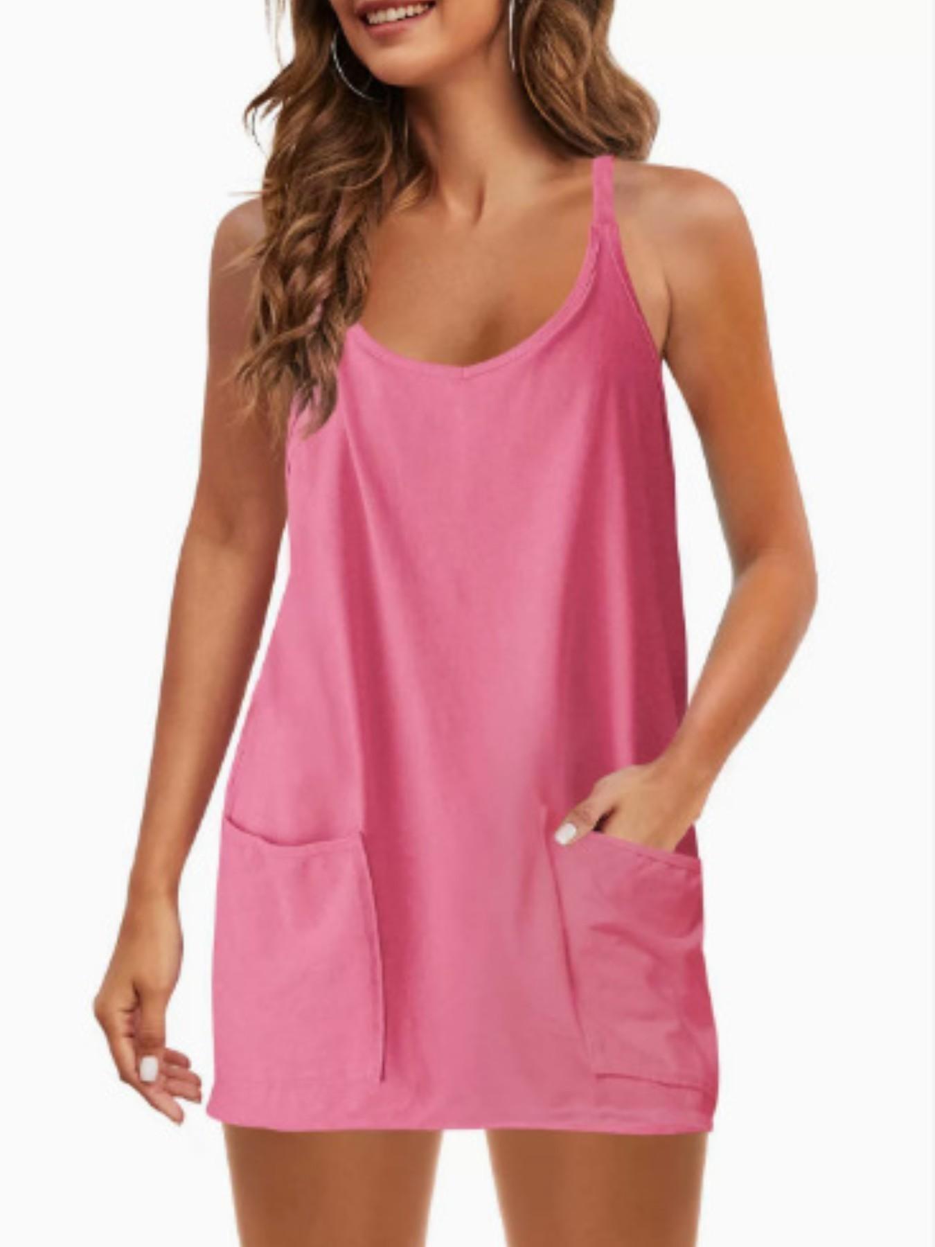 Women's Summer Sleeveless Mini Dress with Built In Shorts, V Neck Spaghetti Straps, Casual Loose-Fitting Dress with Pockets, Beach Travel Dress