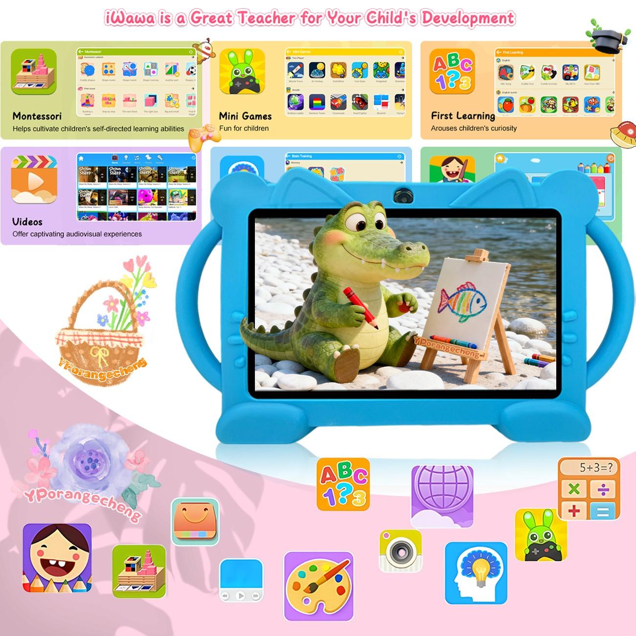 7-Inch Kids' Touchscreen Tablet, Quad-Core Android, HD Display, Dual Cameras, WiFi & Bluetooth-Compatible, Adapter Not Included, Parental Control, Ideal Gift for Birthdays