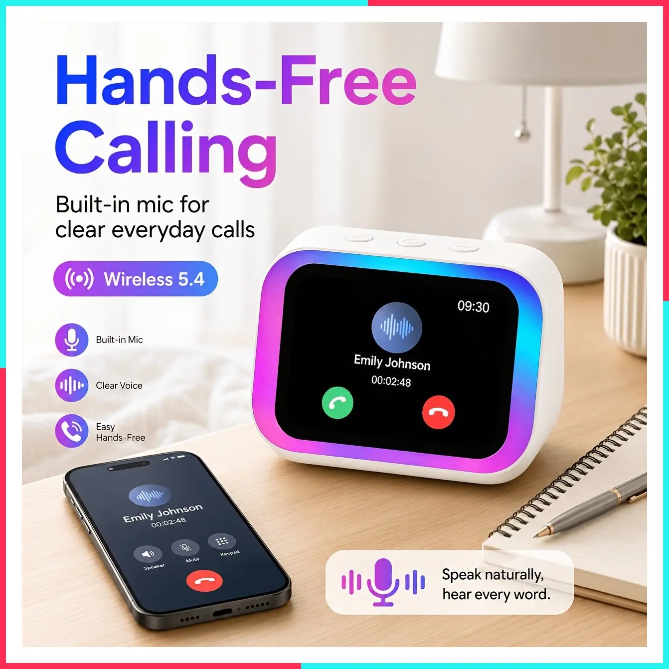 Smart Alarm Clock Speaker with Wireless 5.4, RGB Ambient Light, AI Voice Assistant, Hands-Free Calling, Weather Display, Real-Time Translation, Photo Album, 2700mAh Rechargeable Battery, Bedside Desk Clock for Bedroom