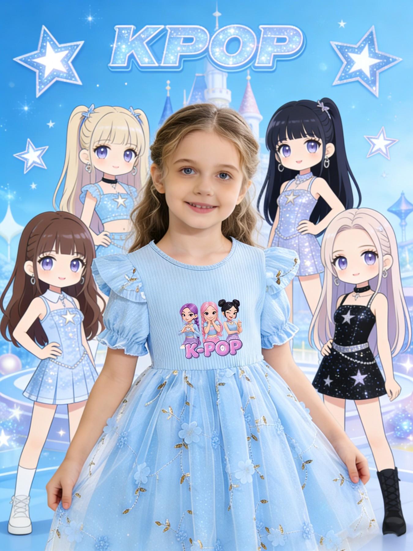 Sweet Style Girls' Dress, Flutter Sleeve Bubble Sleeve, K-Pop Print, Summer Mesh Princess Dress, Casual Fitted Butterfly Pattern