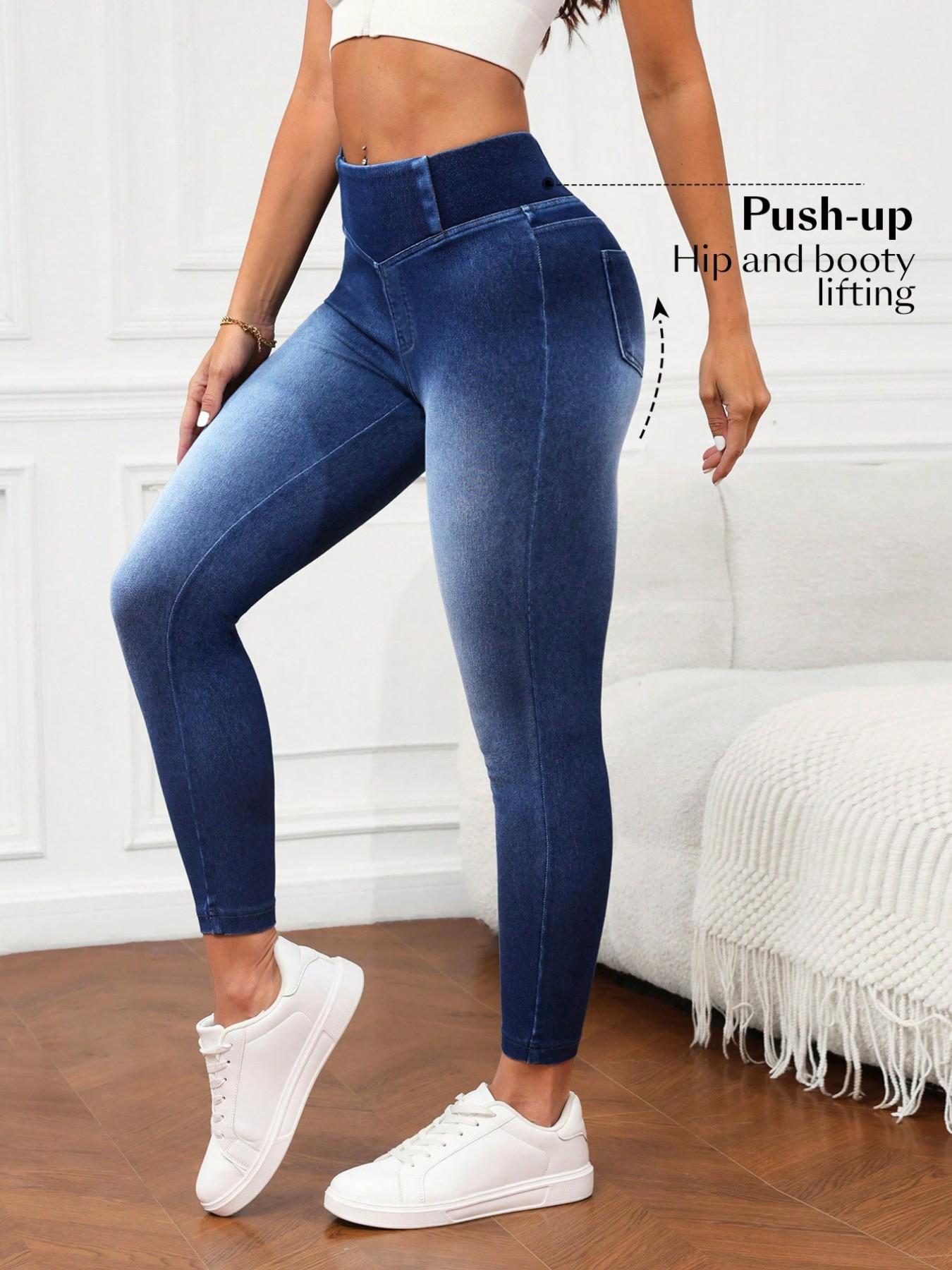 Women's High-Waisted Elastic Slim Fit Denim Jeans, Tummy Control Butt Lifting, Casual Flare Leg Pants with Pockets, All Seasons Wear