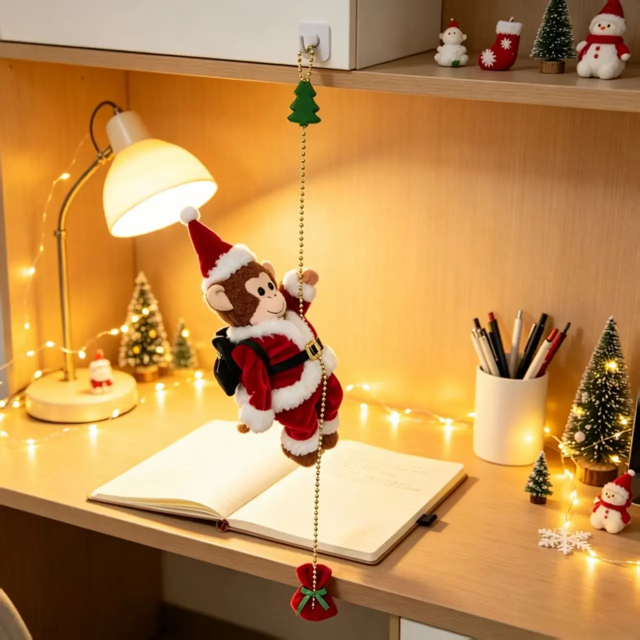 Christmas Monkey Plush Hanging Decoration, Electric Climbing Music Doll, Santa Tree Ornament, Automatic Climb Toy, Festive Atmosphere Figurine