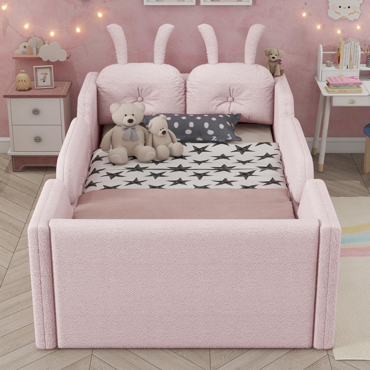 Twin Size Upholstered Floor Bed with 21-Inch Guardrails, Detachable Side Rails & Rabbit-Shaped Cushions, Teddy Fabric Foam Padding, No Box Spring Needed, Fits 8-Inch Mattress Twin Size Upholstered Floor Bed with 21-Inch Guardrails, Detachable Side Rails & Rabbit-Shaped Cushions, Teddy Fabric Foam Padding, No Box Spring Needed, Fits 8-Inch Mattress