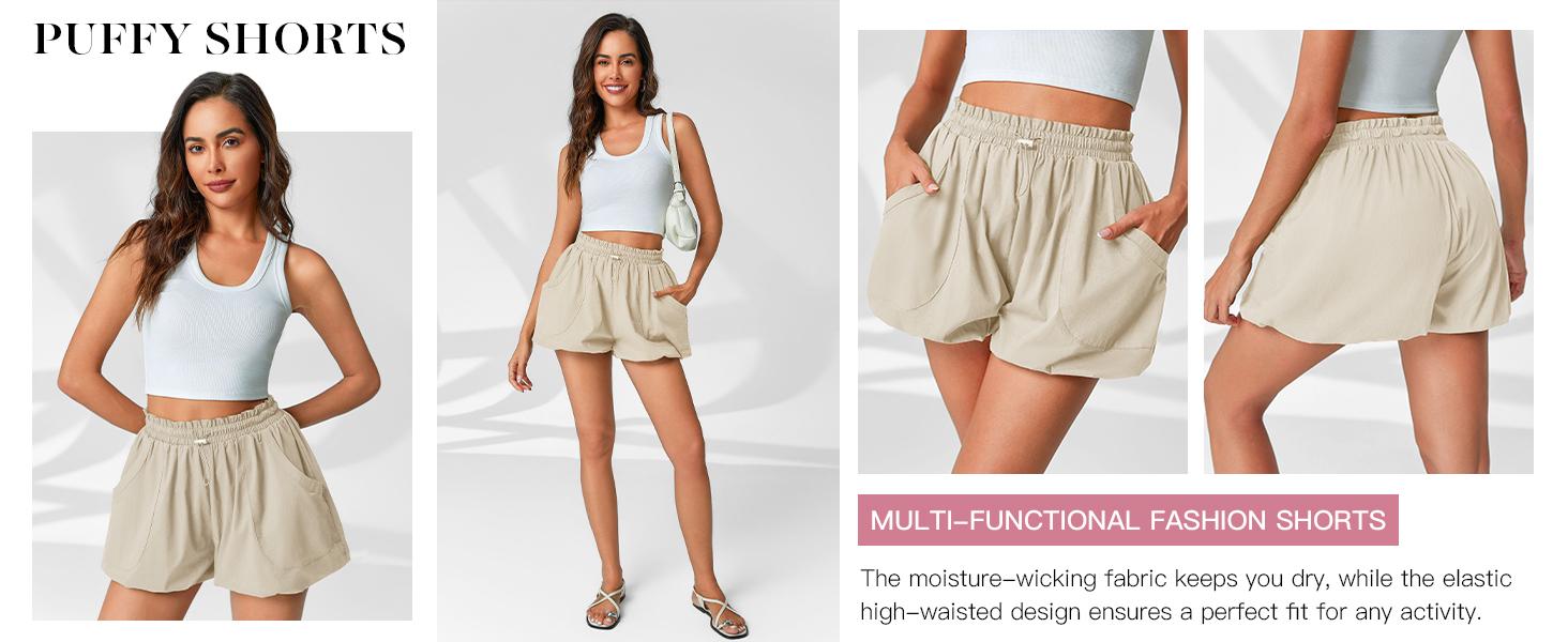 FMEYOA Womens Summer Bubble Shorts Casual High Waisted Workout Puffy Shorts with Pockets