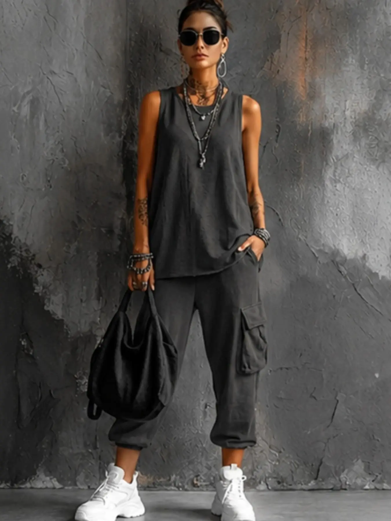 Women's 2-Piece Lounge Set, Ladies Loungewear with Pockets, Sleeveless Tank Top & Cargo Jogger Pants, Casual Matching Outfit, Comfortable and Stylish Loungewear for Home Wear