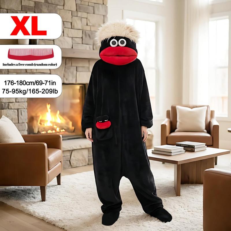 Funny Onesie Party, Comfortable Hooded Flannel Pajama Set, 3-Piece Includes Pajamas Comb Shoe Covers, Cute Monster Design