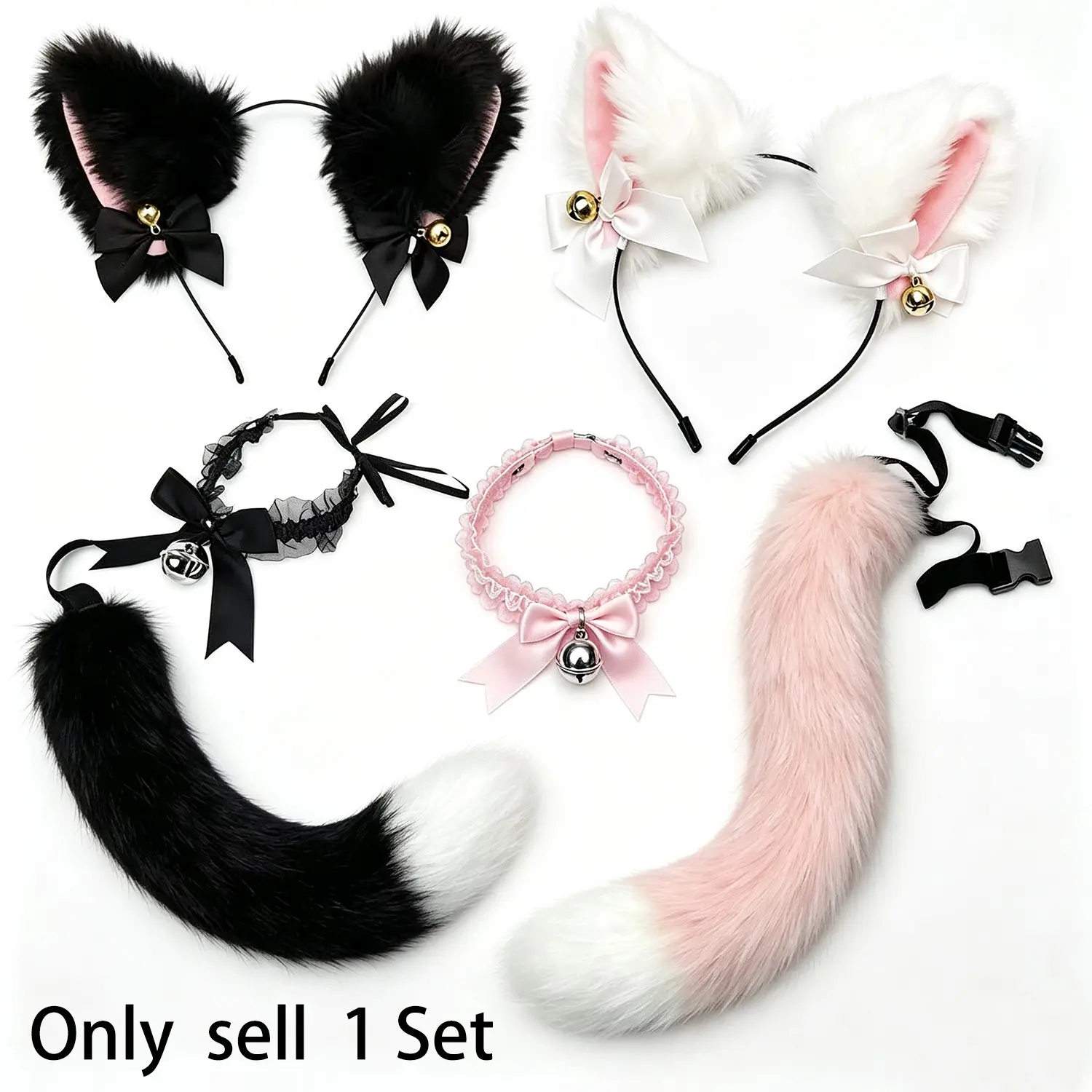 3-Piece Realistic Cat Ear Headband Set with Fox Tail Accessories Anime Animal Ears and Tail Clip-On Set, Comfortable Elastic Material, Party Accessories