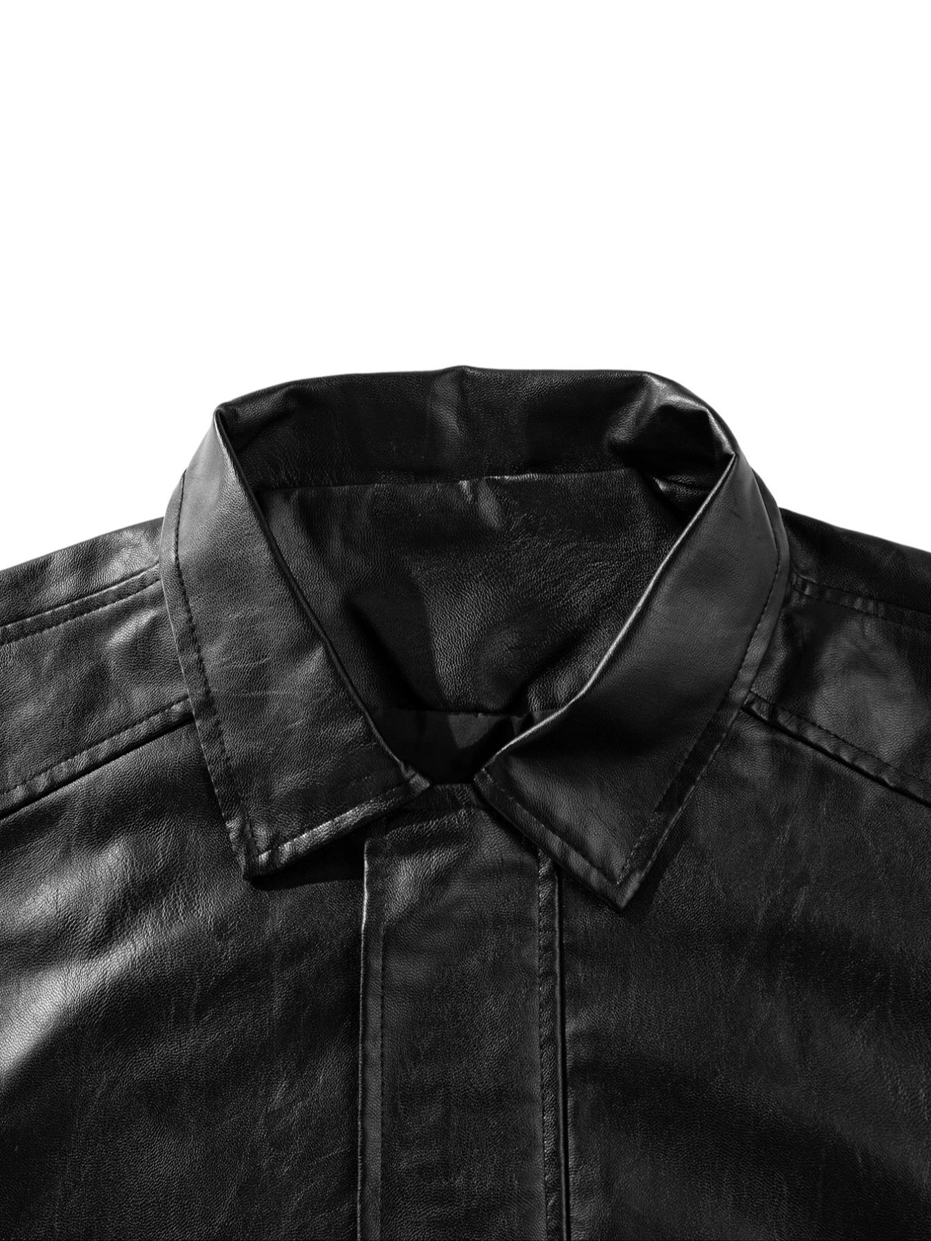 Men's PU Leather Long Sleeve Fitted Jacket with Large Double Pockets, Waterproof Windproof Slim Fit Coat, Casual Fashion for Spring & Fall Seasons