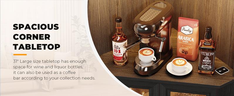 BROTTAR Corner Bar Cabinet with LED Lights, 65" Tall Wine Cabinet with Glass Holder & Tempered Glass Door, 4-Tier Liquor Alcohol Cabinet & Coffee Bar with Human Body Sensor for Dining Room, Black