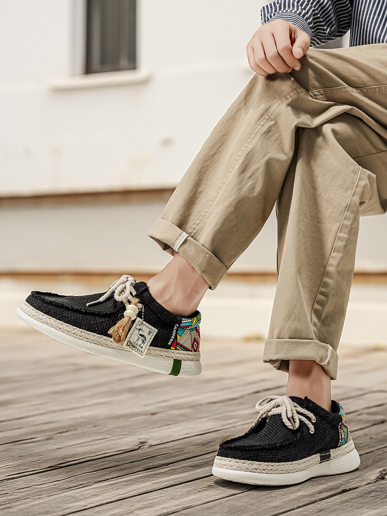 Summer New Men's Linen Shoes, Breathable Non-Stuffy, Colorblock Geometric Pattern, Fringe Decor, Retro Ethnic Style, Comfortable Thick Sole