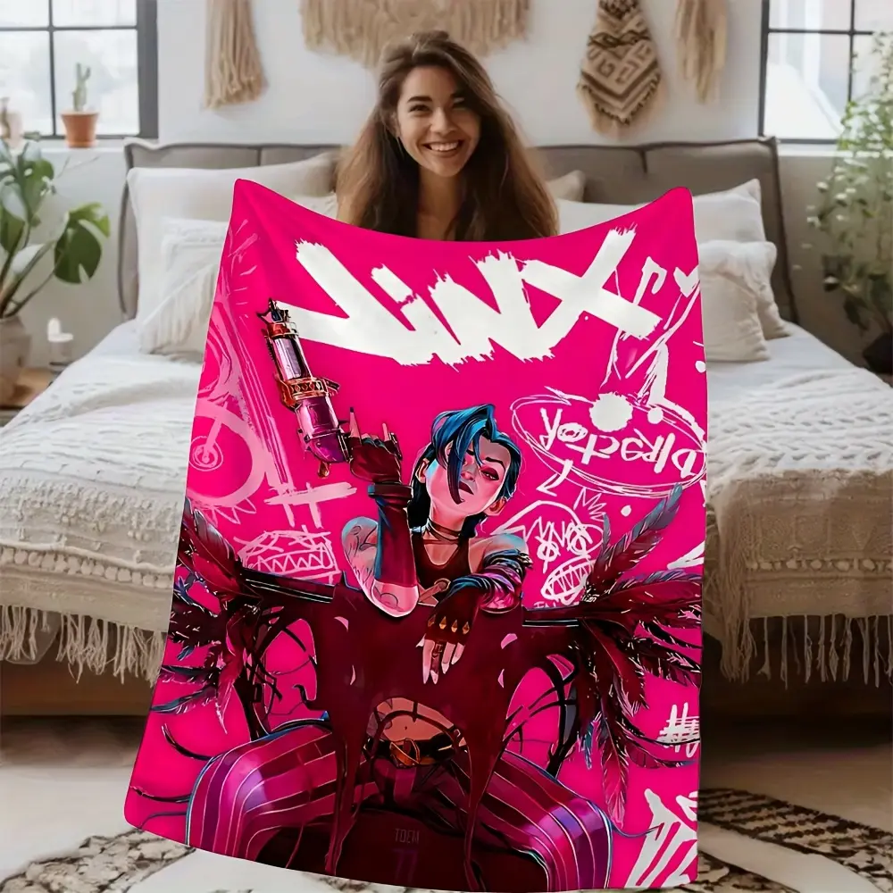 Pink Graffiti Jinx Blanket Arcane LOL Character Flannel Throw Blanket Lightweight Bed Rug League of Legends Fan Gift Home Decoration