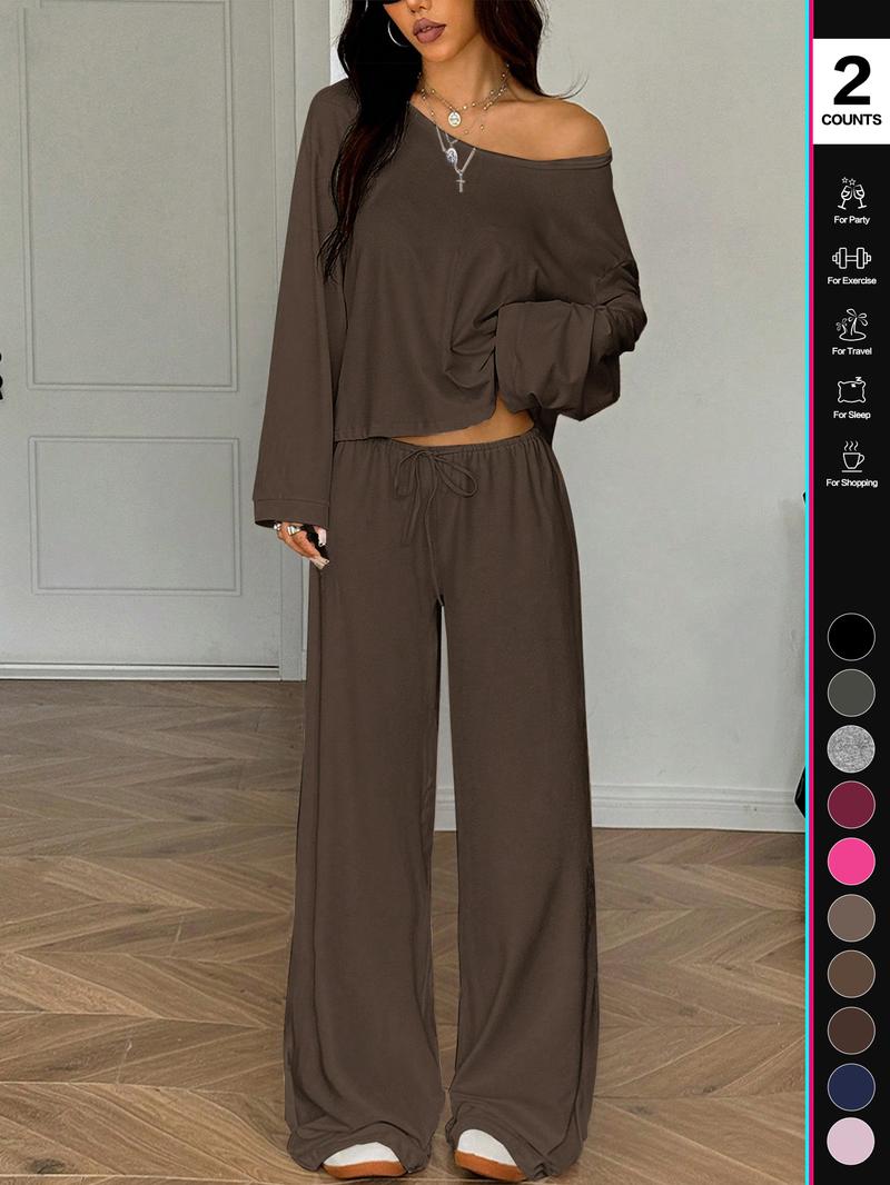 2026Women's Two-Piece Set, Long Sleeve Casual, Breathable Elastic Waist Pants, All-Season Basic Sleepwear, Comfortable Loungewear