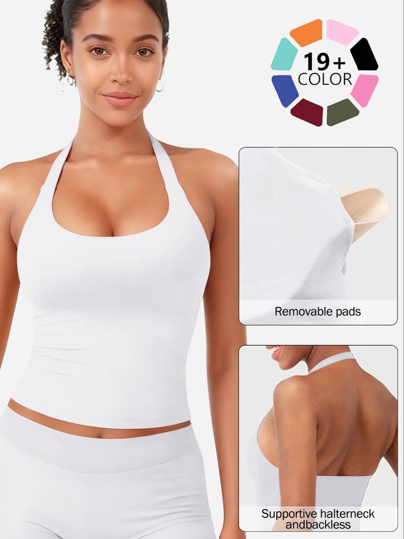 Women's Solid Removable Chest Pad Sports Tank Top, Casual Comfort and Durability Halter Neck Sports Top for Yoga Gym Workout, Ladies Sportswear for All Seasons, Backless Sports Vest