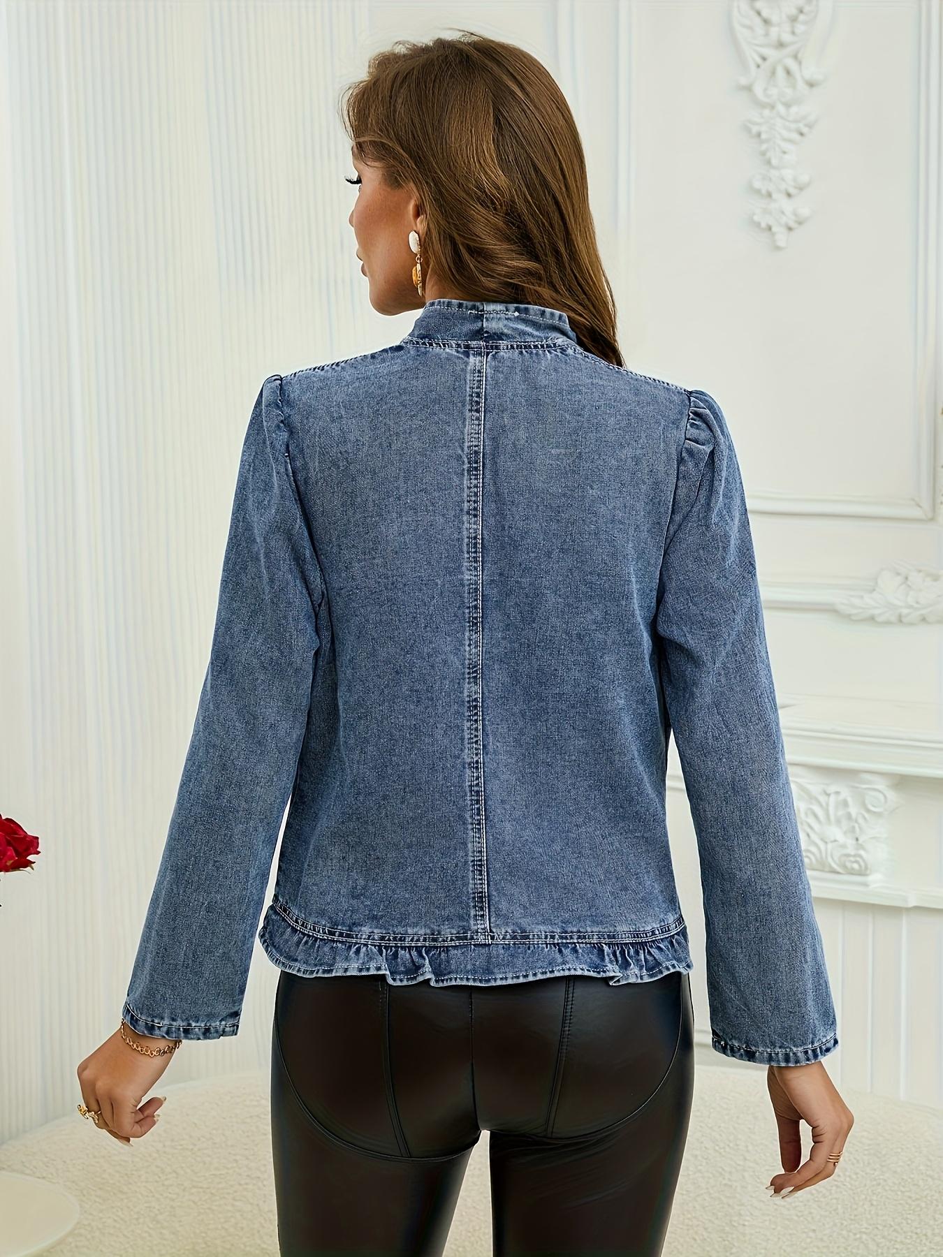 Women's Washed Blue Denim Jacket, A Ruffle Placket Cardigan Short Denim Top. It Has A Slim - Fitting And Figure - Flattering Silhouette, Featuring A Fashionable And Versatile Style, Suitable For Spring, Summer And Autumn Seasons. Women's Washed Blue Denim Jacket, A Ruffle Placket Cardigan Short Denim Top. It Has A Slim - Fitting And Figure - Flattering Silhouette, Featuring A Fashionable And Versatile Style, Suitable For Spring, Summer And Autumn Seasons.