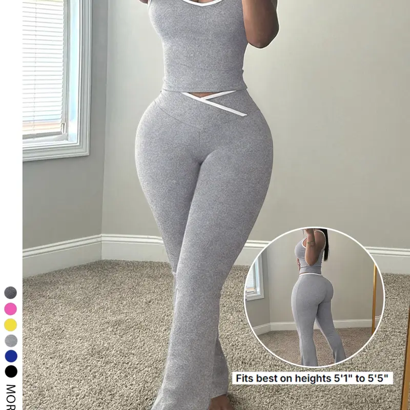 Lw Home Back To Shool，Women's Fashion Colorblock Bell Bottom Pants and Tank Top Set Matching, Multiple Colors Available, Perfect for Home and All Seasons