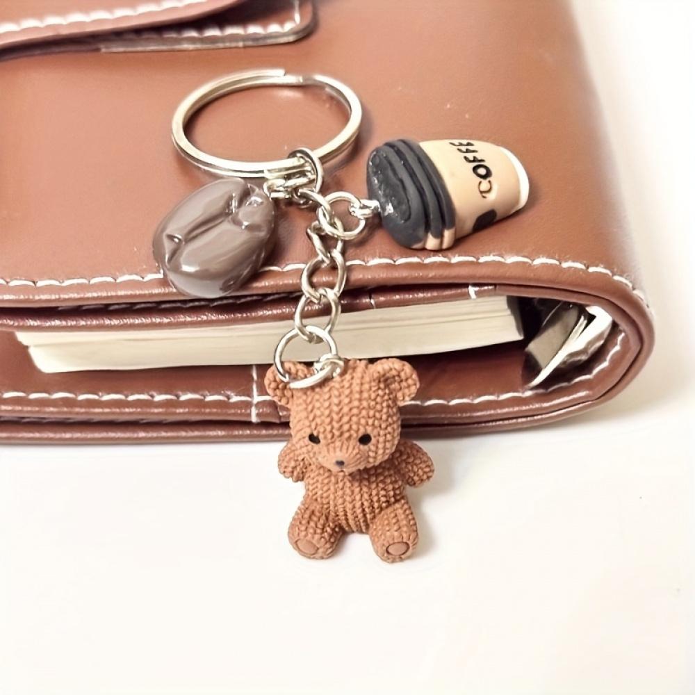 1 Cute Teddy Bear Coffee Charm Keychain - Brown (Coffee Bean Colored), with Metal Ring Closure - Birthday and Coffee Lover Gift, Party Small Gift, Bag and Notebook Decoration - Ladies' Fashion Accessory, Fun Design, Durable Metal Ring
