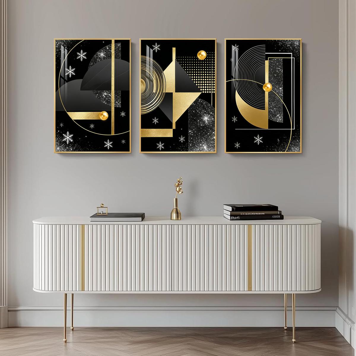 3 Counts Aluminum Alloy Framed Painting, Geometric Gold And Black Abstract Art Pictures, Home Decoration For Living Room, Bedroom, Office, Restaurant, Hallway Wall Decor, Odorless Print Artwork, Luxury Perfect Gift For Friends And Family