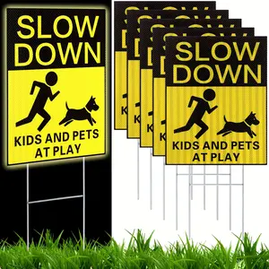 [2D Flat] Reflective Pets at Play Safety Signs with Metal Stake ,Double Sided Slow Down Caution Warning for Street Lawn Neighborhoods Playing Yard Road Visual Signal