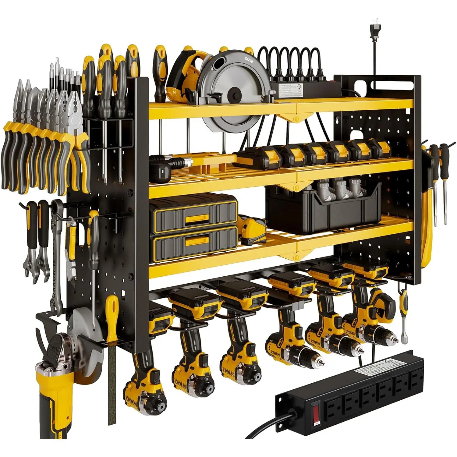 Power Tool Organizer Wall Mount with Charging Station 4 Layer 6 Slot Cordless Drill Holder with Angle Grinder Holder (Yellow)