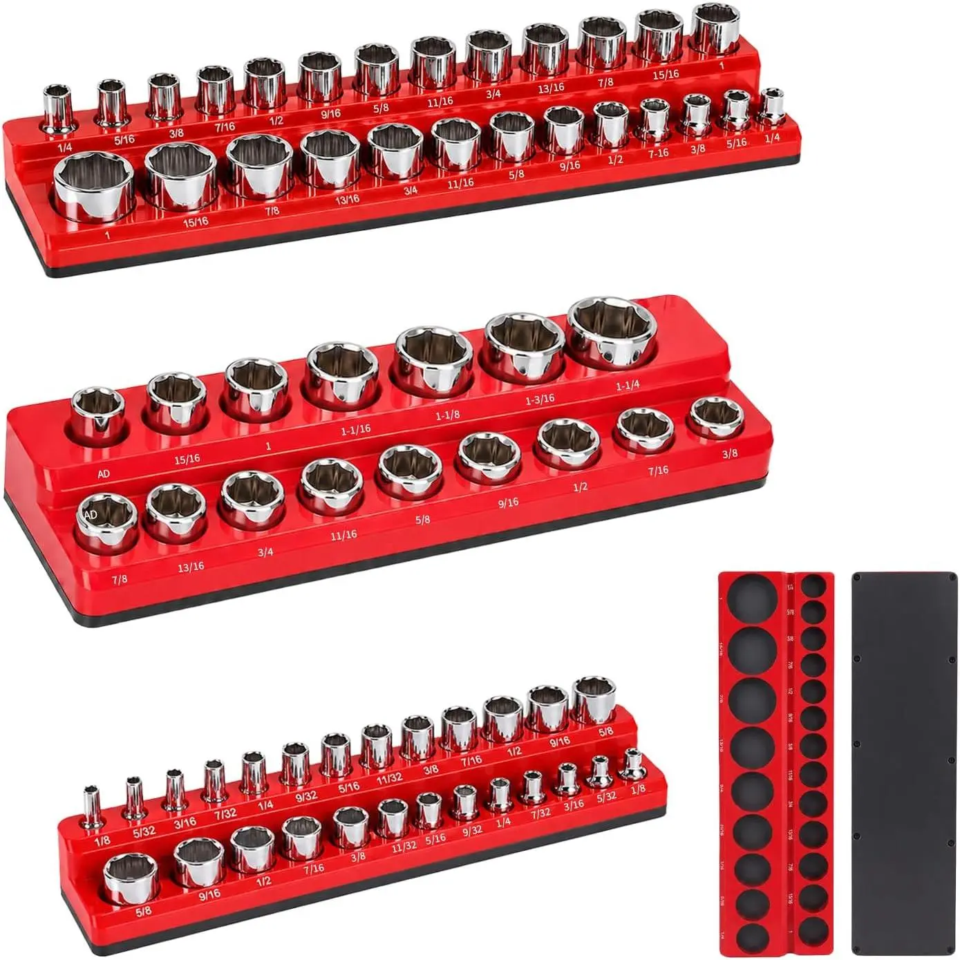 SAE Socket Organizer, 3-Count Red Socket Tray, ABS Plastic Construction, Adhesive Base for Metal Surfaces, Ideal for Mechanics to Organize Tools
