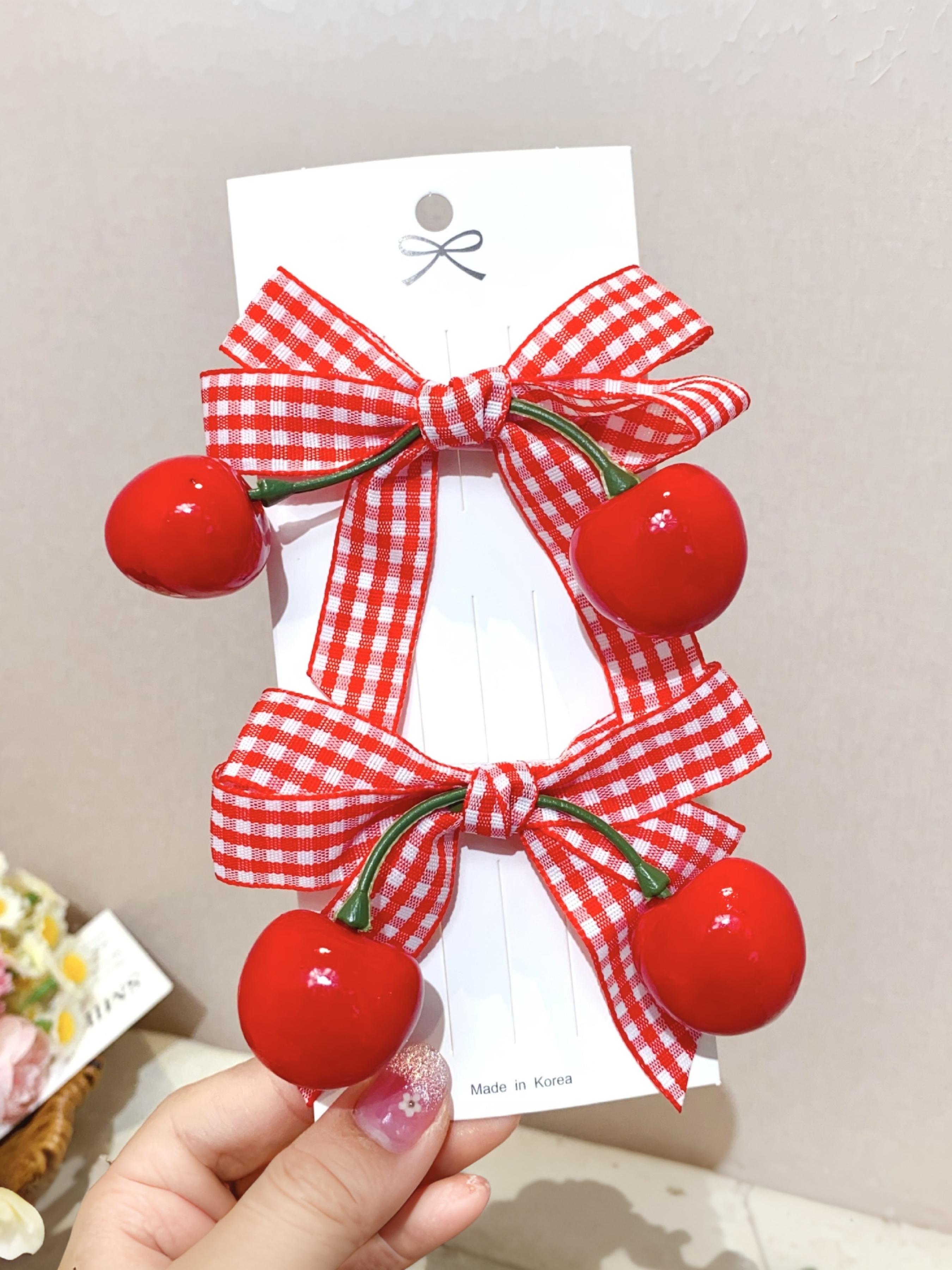 2pcs - French sweet cherry bow hair clips set, includes duckbill clips, women's hair clips, Y2K style for women & kids. Perfect for daily dates, picnics, photoshoots, school wear and festival parties.